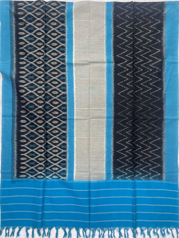 Pochampally Ikkat Cotton Duppata In Black & Sky Blue Colour