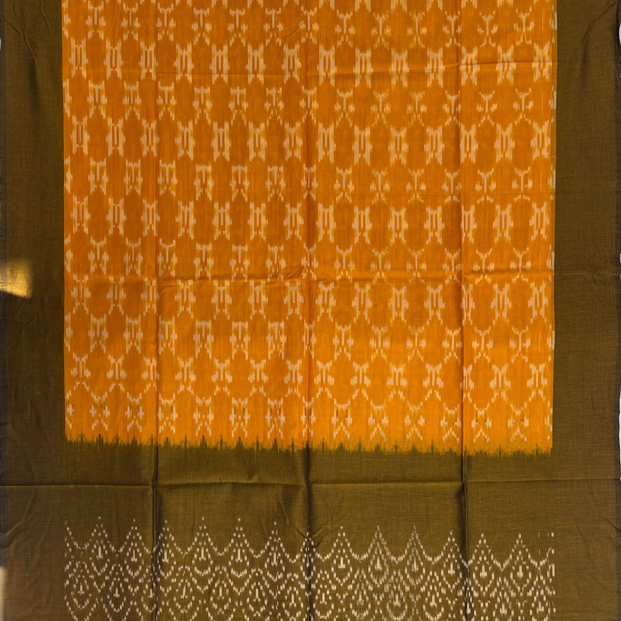 Pochampally Ikkat Cotton Duppata In Mahendi Green & Yellow Colour