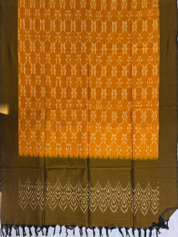 Pochampally Ikkat Cotton Duppata In Mahendi Green & Yellow Colour