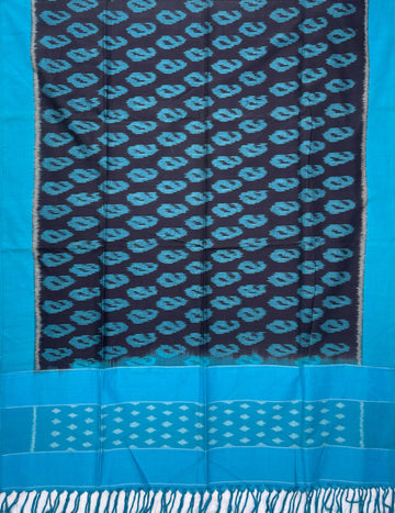 Pochampally Ikkat Cotton Duppata In Sky Blue & Black Colour