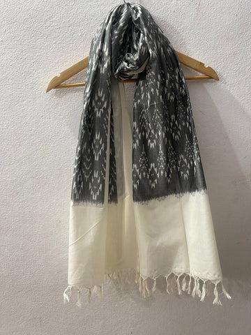 Grey With Off white Pochampalli Ikat Stole | Handwoven Cotton