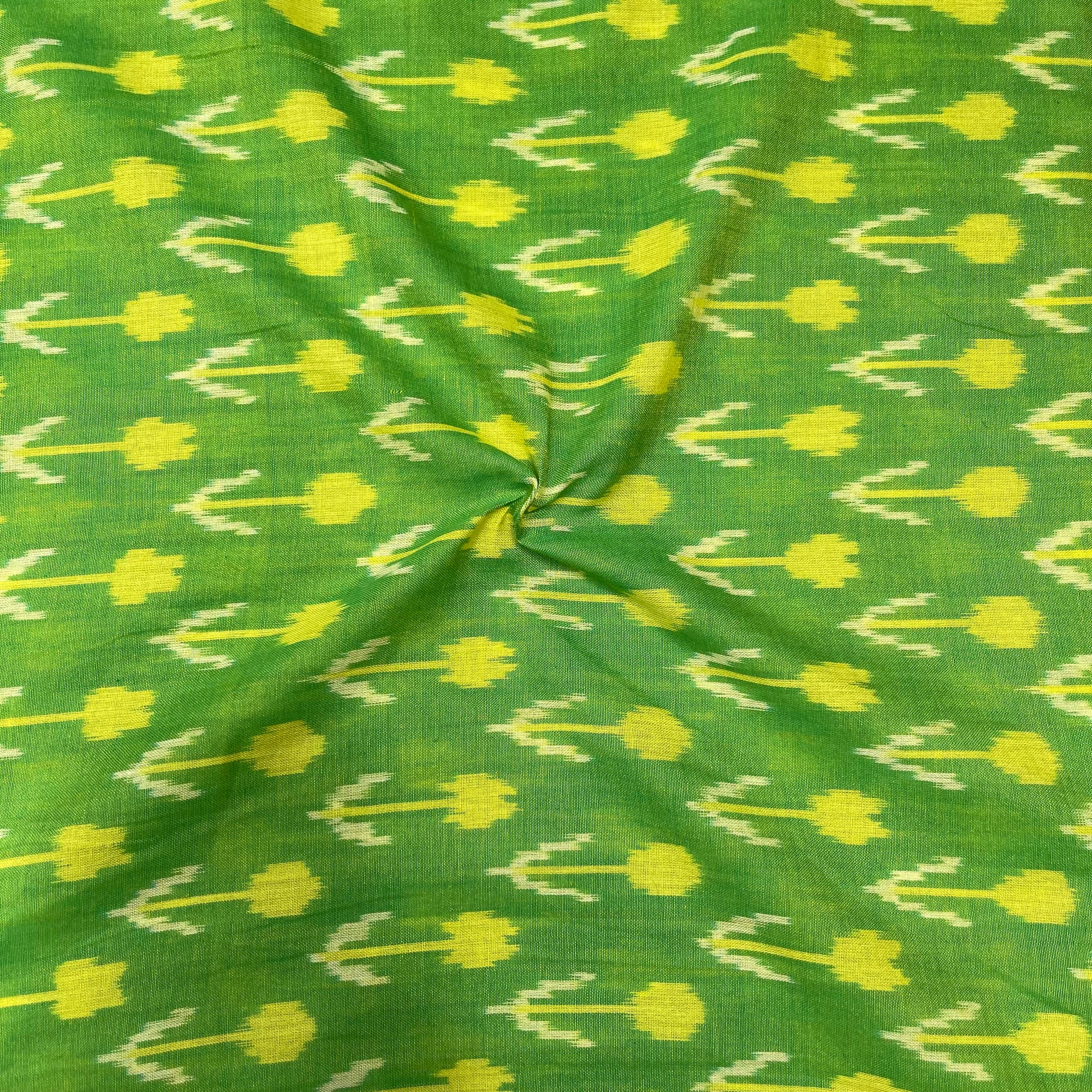 Mersiced Parrot Green Colour Ikkat Cotton Fabric