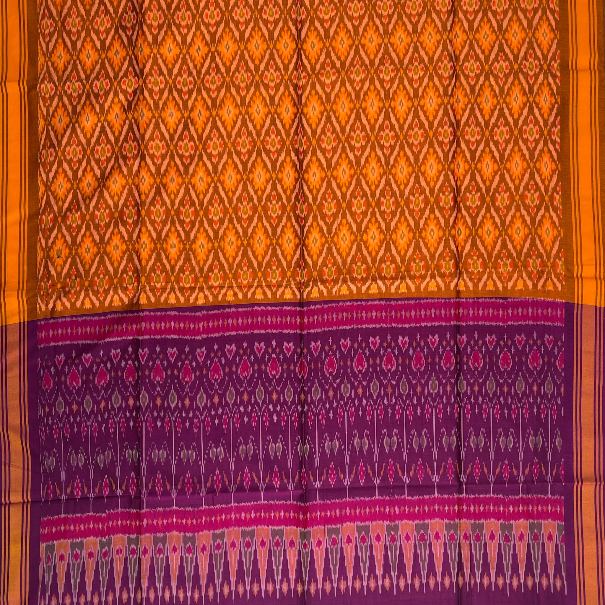 Yellow Brown & purple Colour Pochampally Ikkat Silk Cotton Duppata