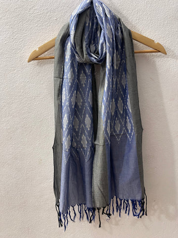 CornFlower Blue with Grey Border Pochampalli Ikat Stole | Handwoven Cotton