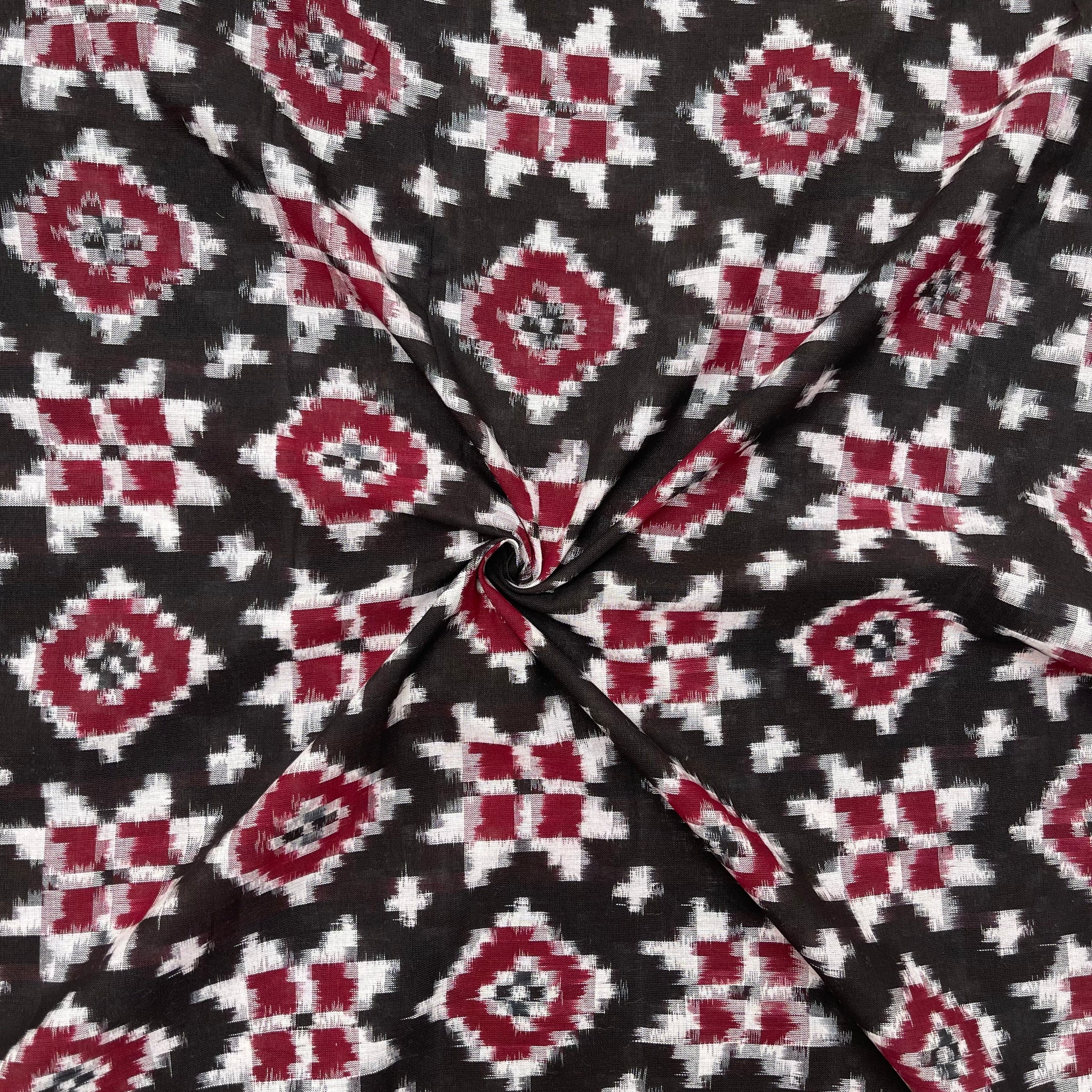 Black & Maroon Color Telia Rumal Ikkat Cotton Fabric