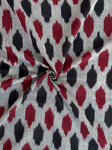 Grey Red & Black Polka Dots  Ikkat Handloom Cotton Fabric