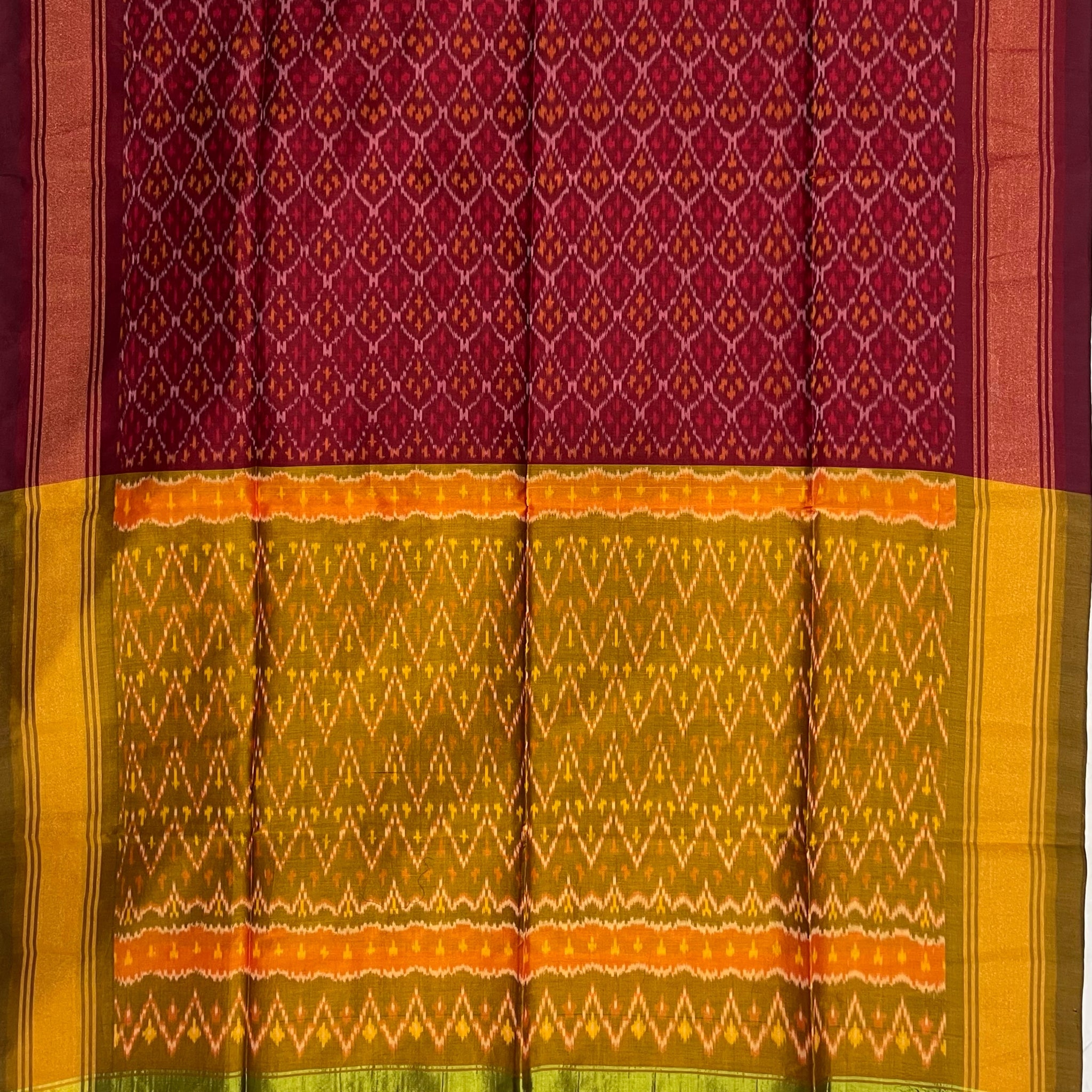 Maroon & Olive Green Colour Pochampally Ikkat Silk Cotton Duppata