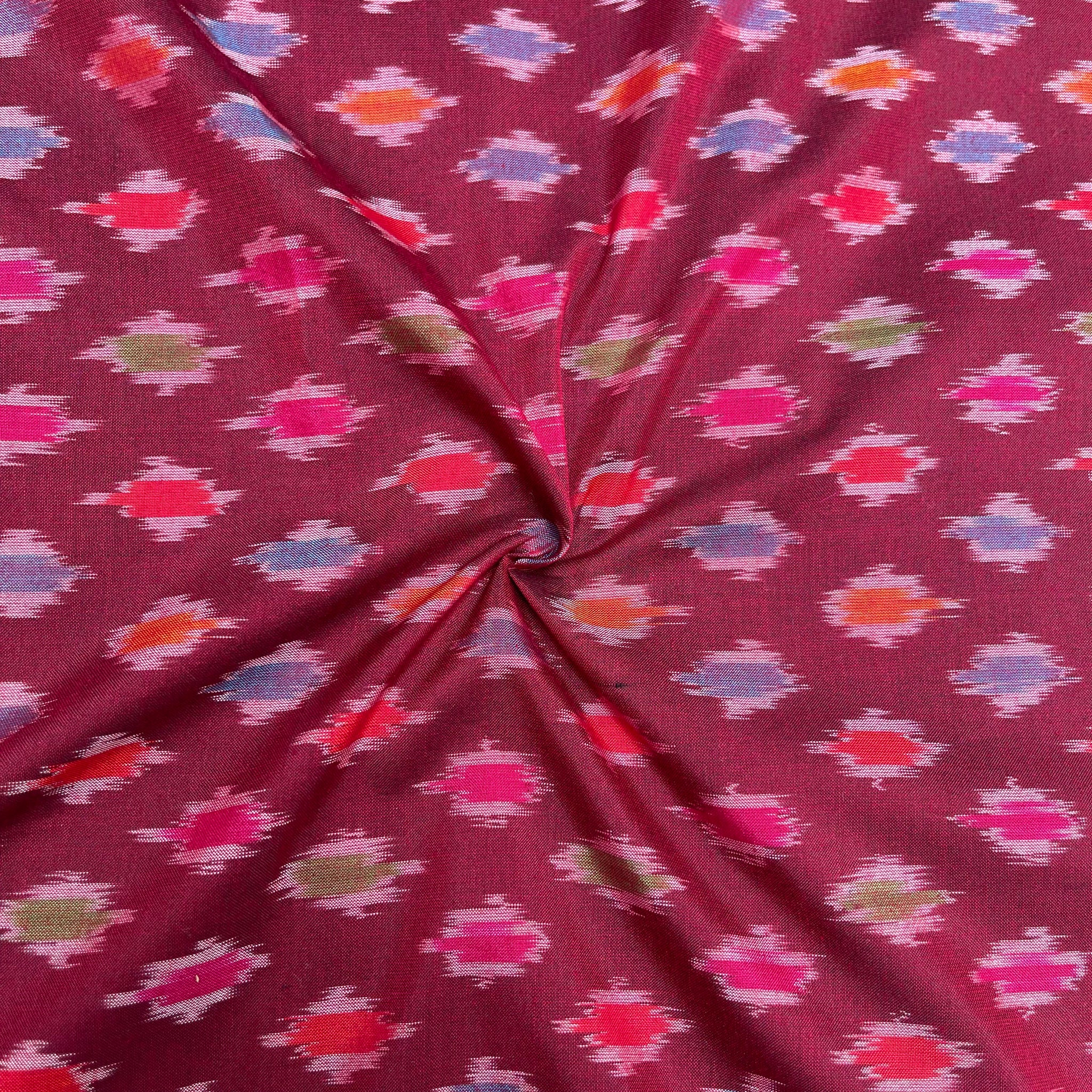 Maroon Color Raw Silk Ikkat cotton Fabric