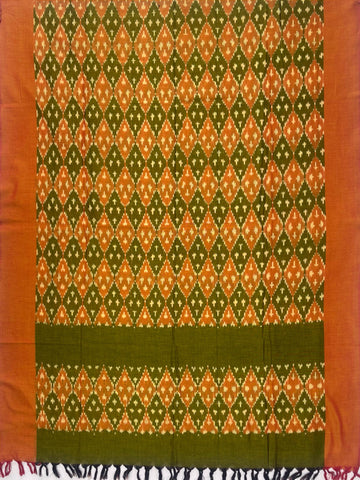 Pochampally Ikkat Cotton Duppata In Mahendi Green & Orange Colour