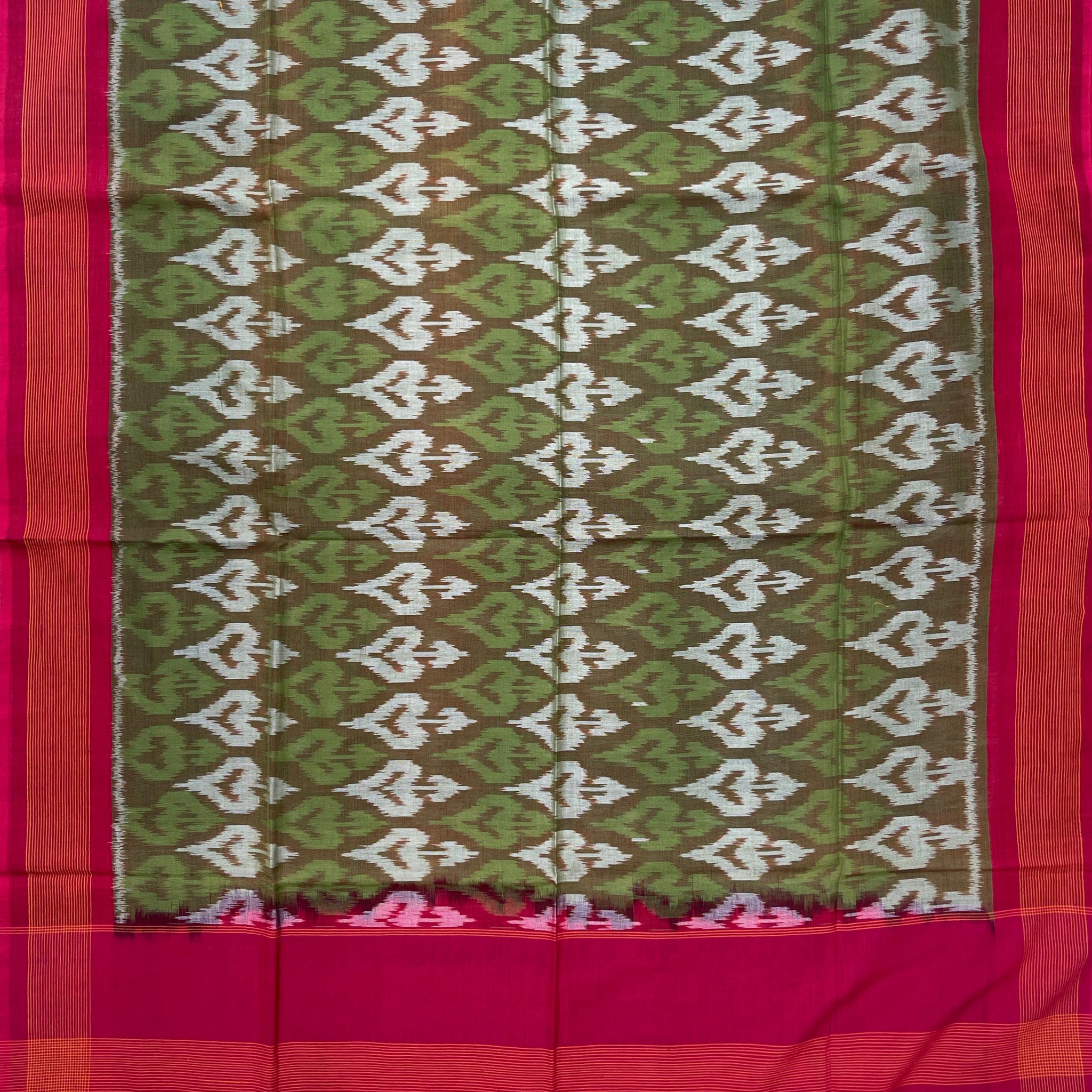 Pochampally Ikkat Cotton Duppata In Green & Red Colour