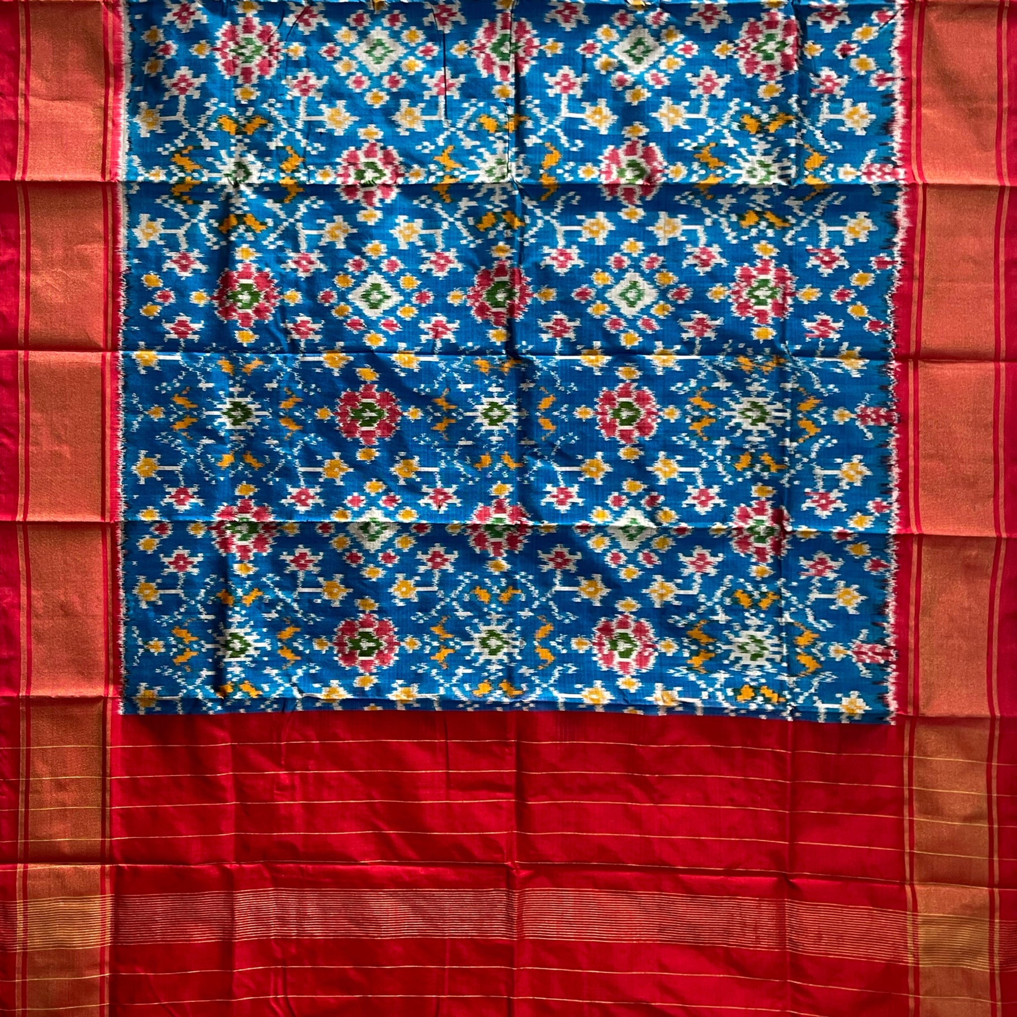Blue & Red colour Pochampalli Ikkat Handloom silk duppata
