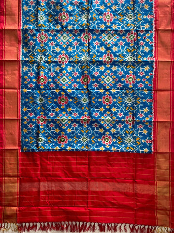 Blue & Red colour Pochampalli Ikkat Handloom silk duppata