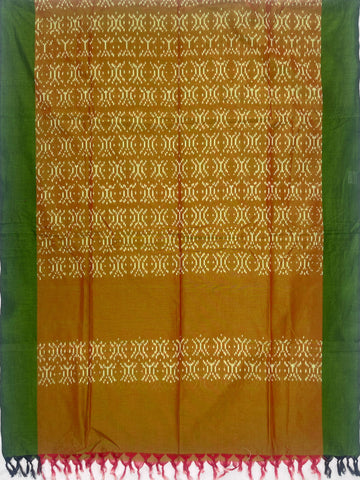 Pochampally Ikkat Cotton Duppata In Yellowish Brown & Green  Colour