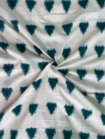Triangle Design Double Ikkat Cotton Fabric in white & Bottle Green