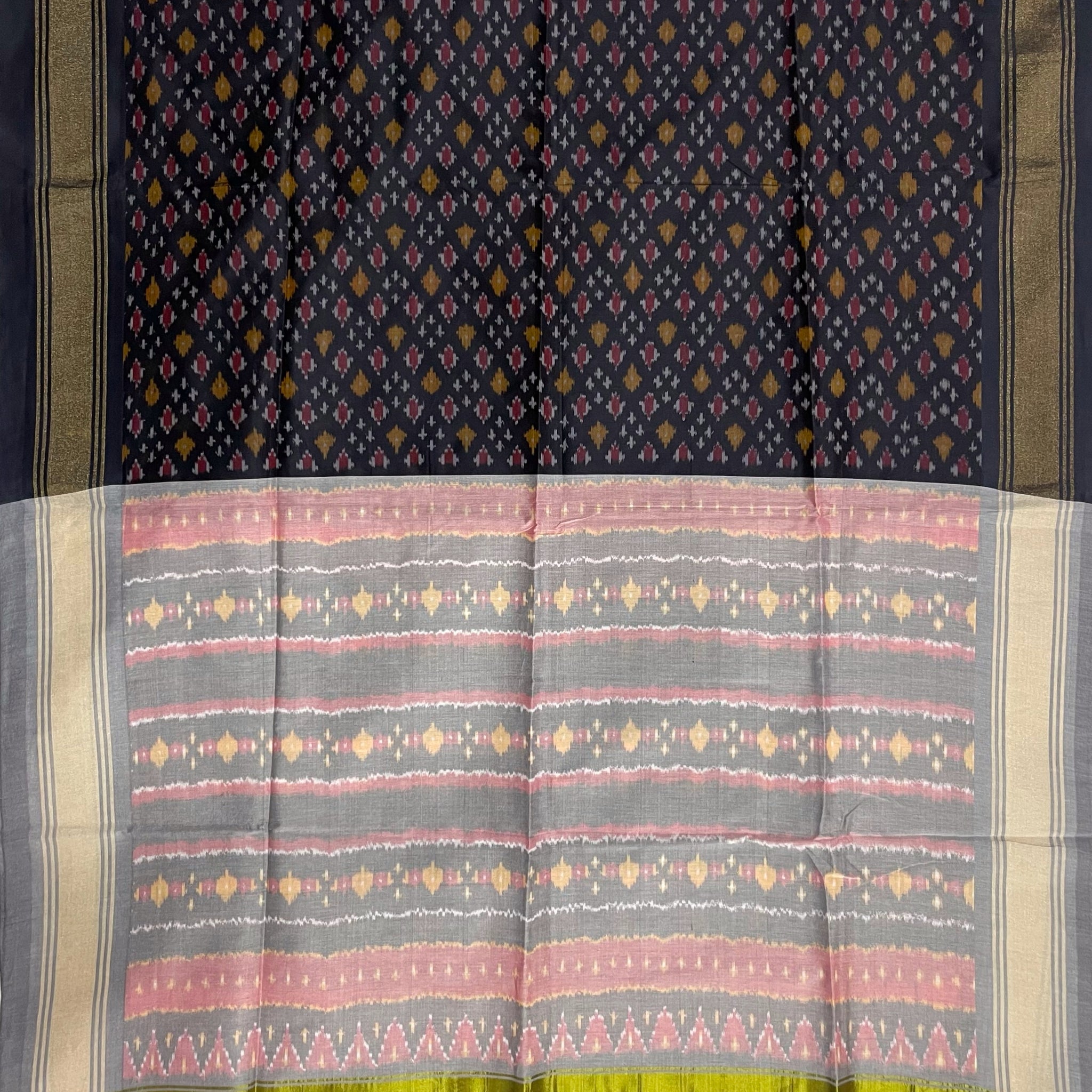 Black & Gray Colour Pochampally Ikkat Silk Cotton Duppata