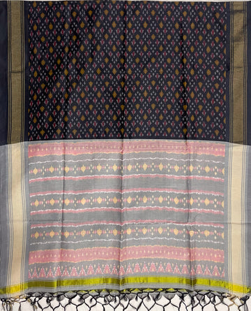 Black & Gray Colour Pochampally Ikkat Silk Cotton Duppata
