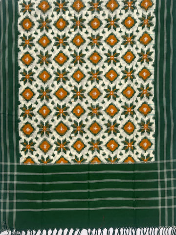 Telia Rumal Ikkat Cotton Duppata In Green & Off White