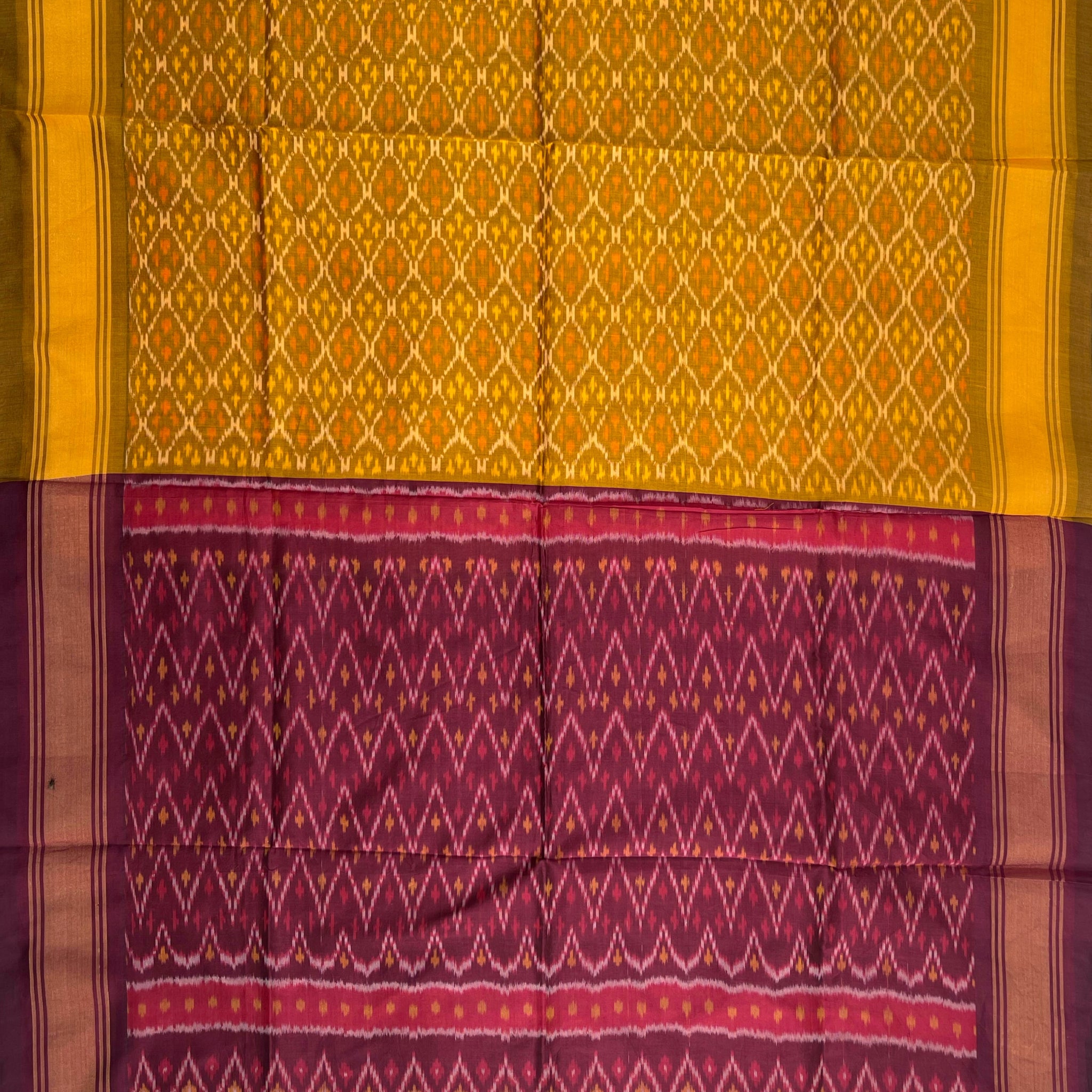 Yellow Brown & Wine Colour Pochampally Ikkat Silk Cotton Duppata