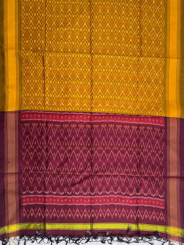 Yellow Brown & Wine Colour Pochampally Ikkat Silk Cotton Duppata