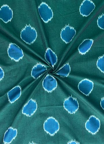 Forest Green with Lagoon Blue In Polka Dots Handloom Ikkat Cotton Fabric