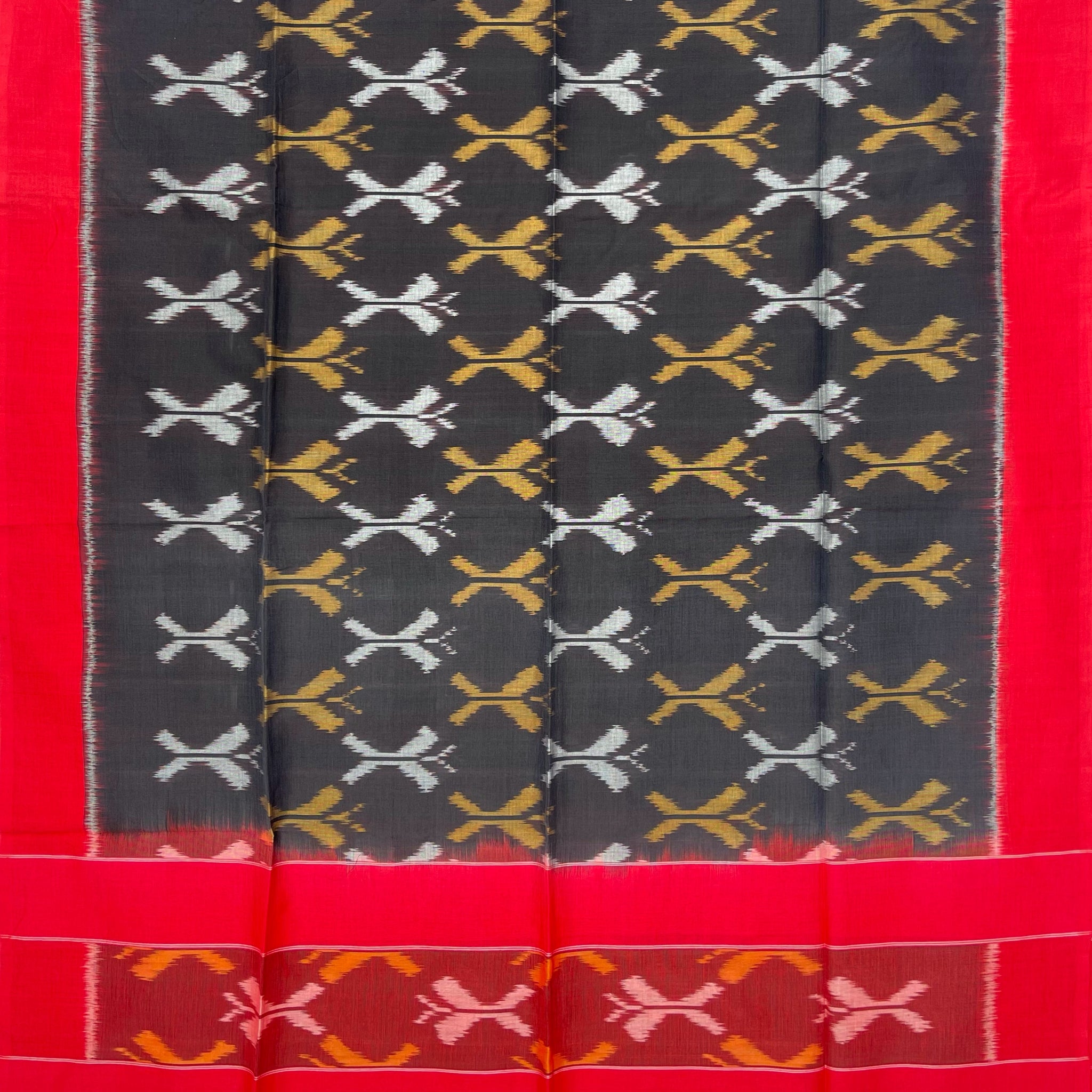 Pochampally Ikkat Cotton Duppata In Black & Red Colour