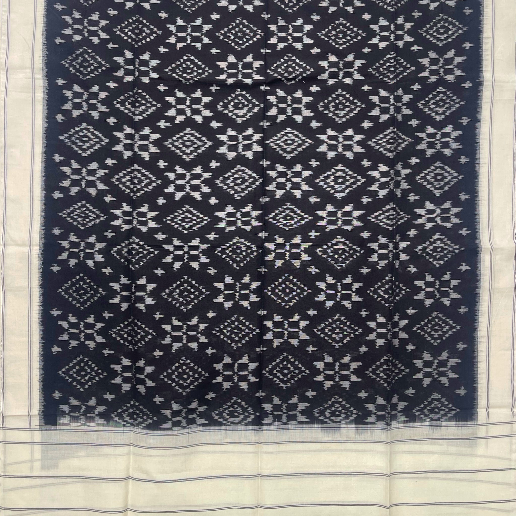 Pochampally Ikkat Cotton Duppata In Black & Off White Colour