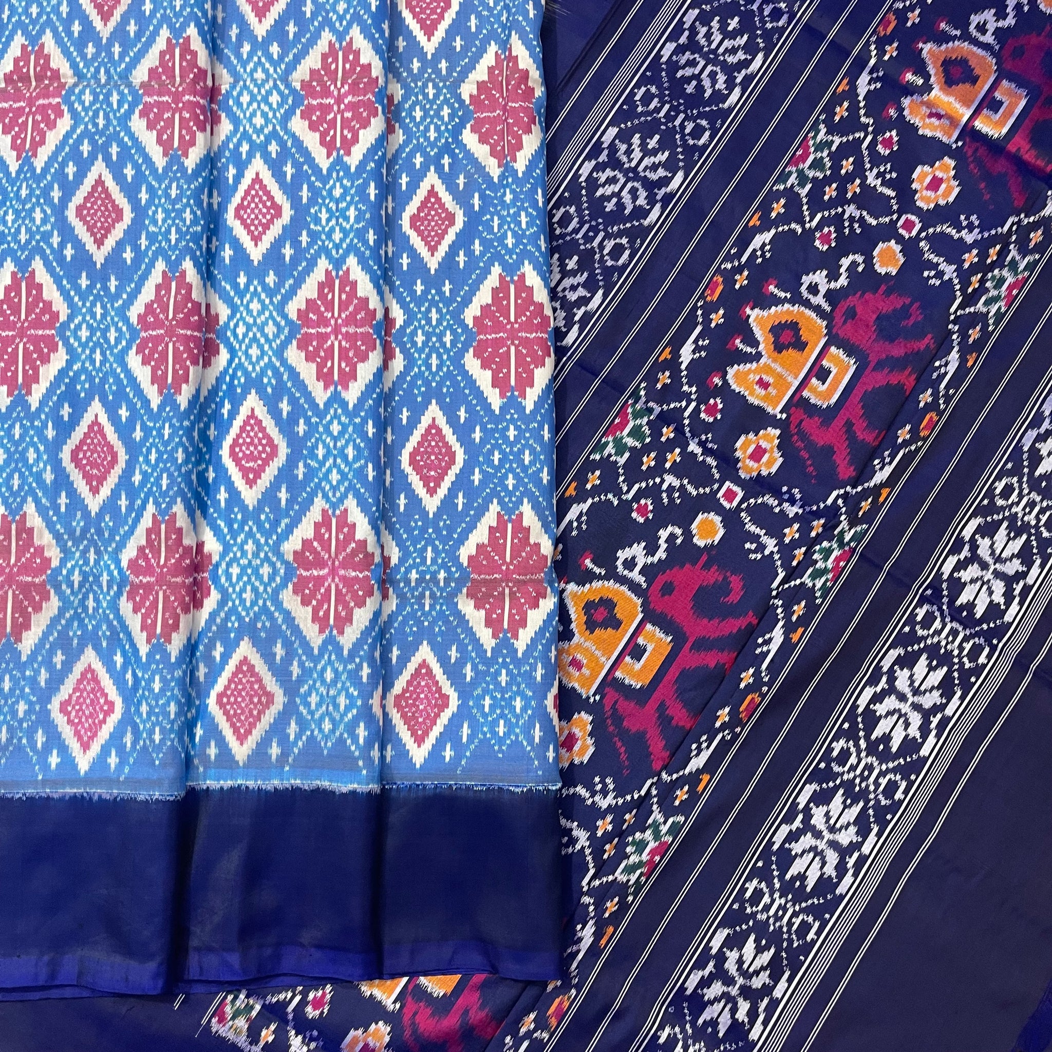 Blue Cambodian Ikkat Silk Sari in Mullberry silk