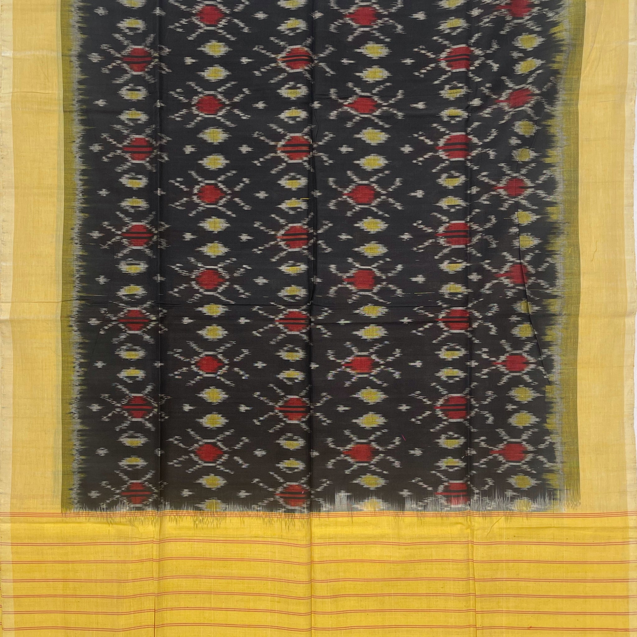 Pochampally Ikkat Cotton Duppata In Black & Yellow Colour
