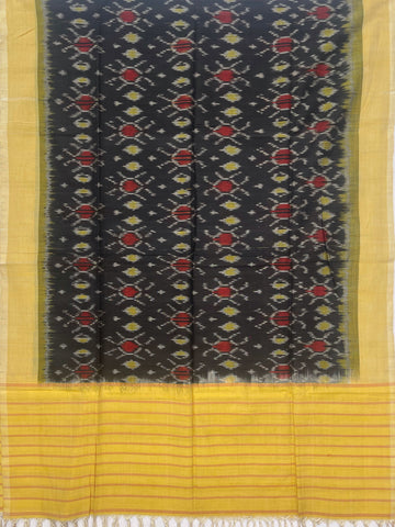 Pochampally Ikkat Cotton Duppata In Black & Yellow Colour