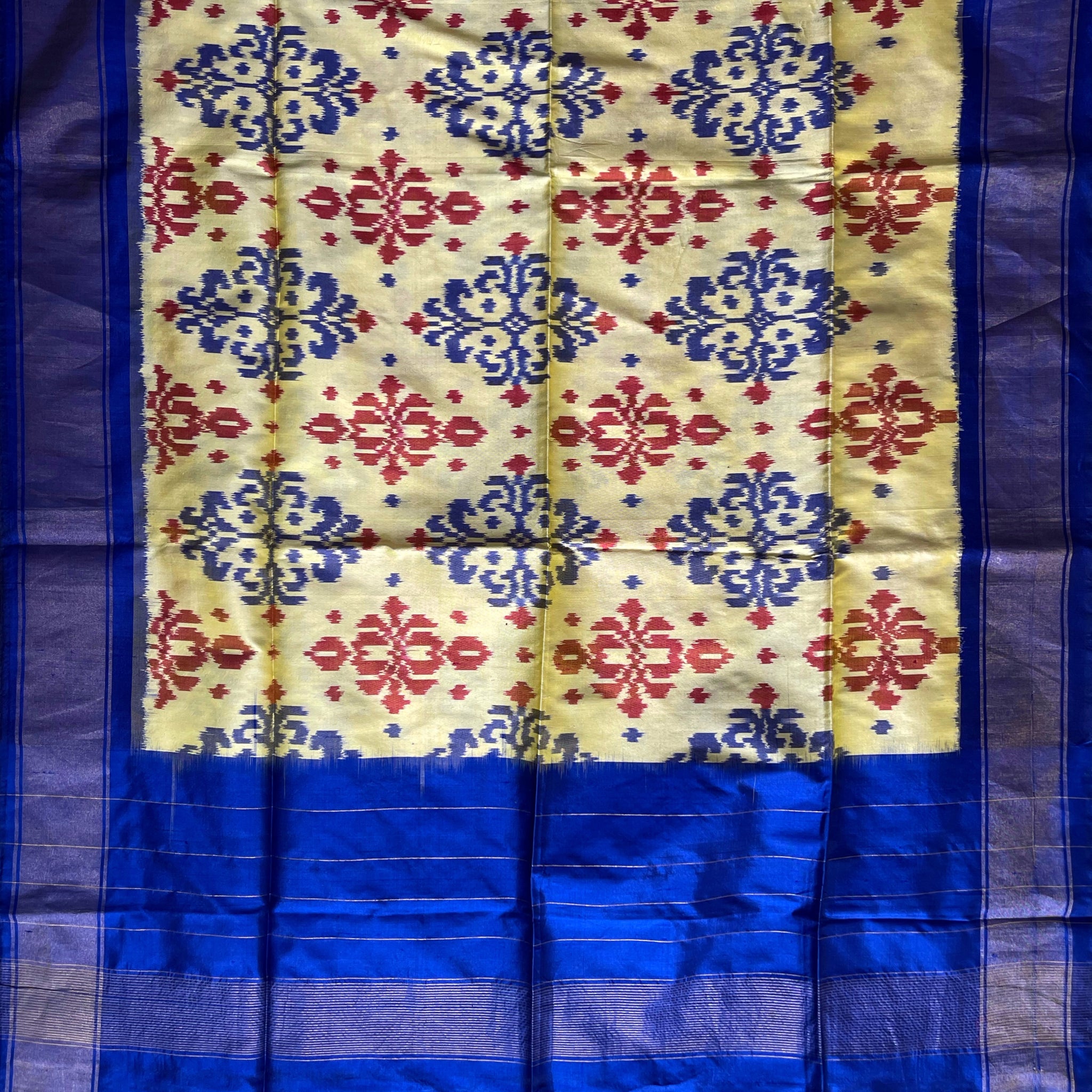 Cream Yellow & Blue colour Pochampalli Ikkat Handloom silk duppata