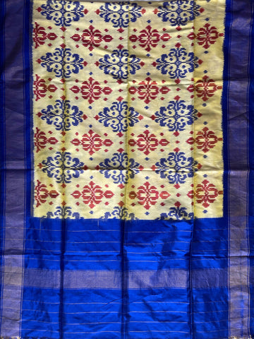 Cream Yellow & Blue colour Pochampalli Ikkat Handloom silk duppata