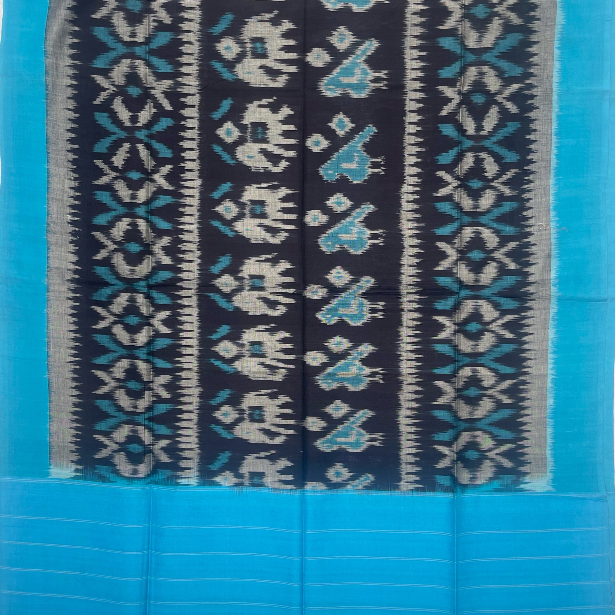 Pochampally Ikkat Cotton Duppata In Black & Sky Blue Colour