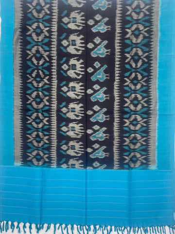 Pochampally Ikkat Cotton Duppata In Black & Sky Blue Colour