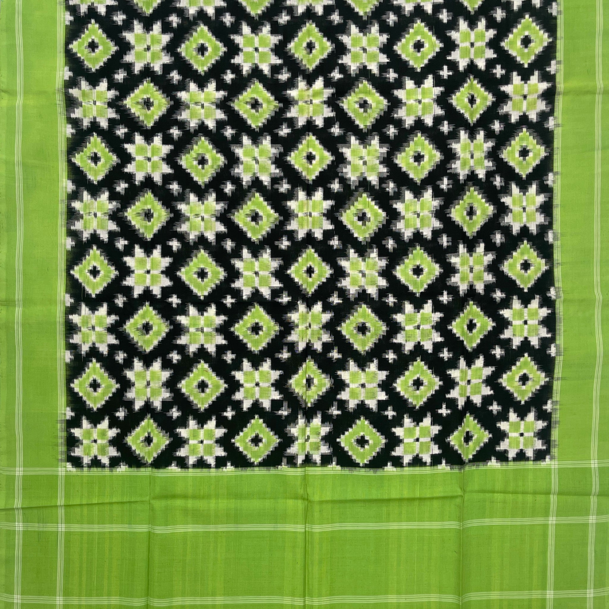 Telia Rumal Ikkat Cotton Duppata In Parrot Green & Black Color