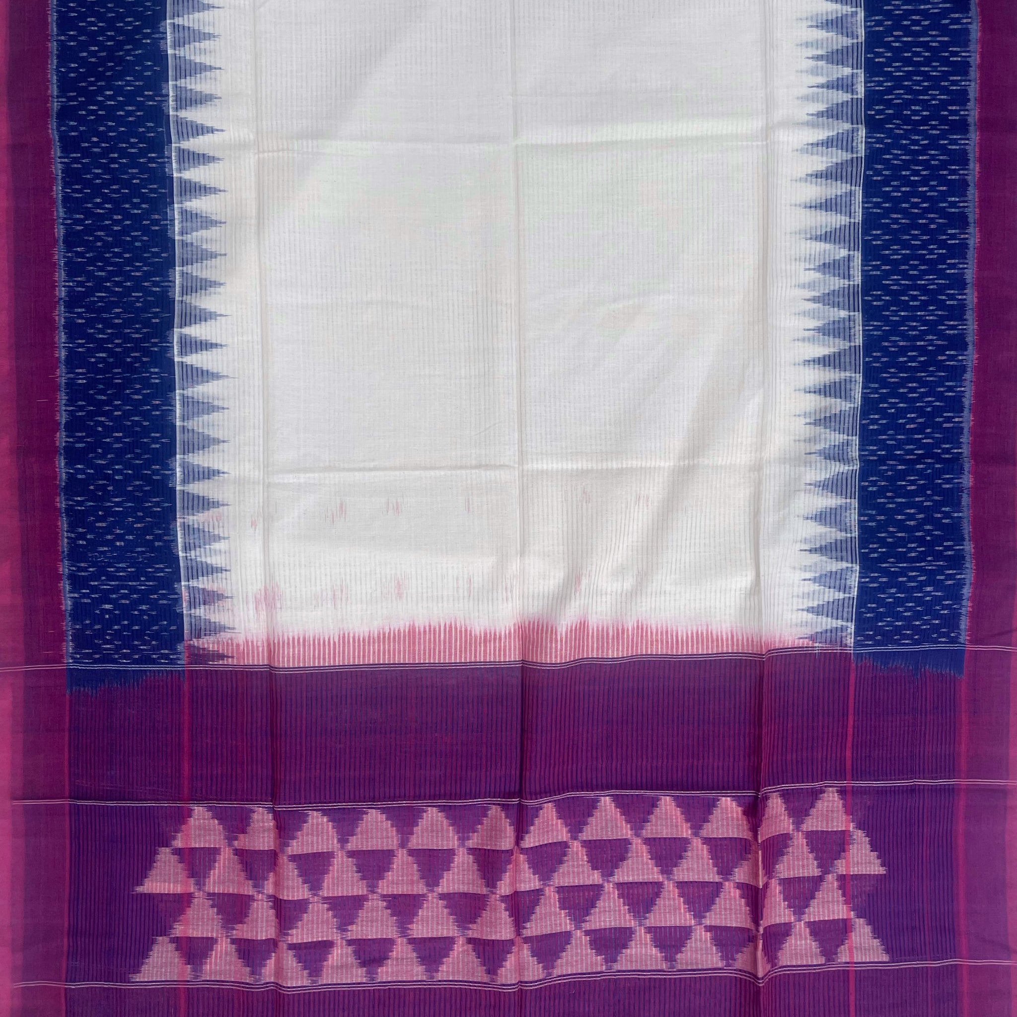 Pochampally Ikkat Cotton Duppata In Off White & Pink & Blue Colours