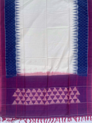 Pochampally Ikkat Cotton Duppata In Off White & Pink & Blue Colours