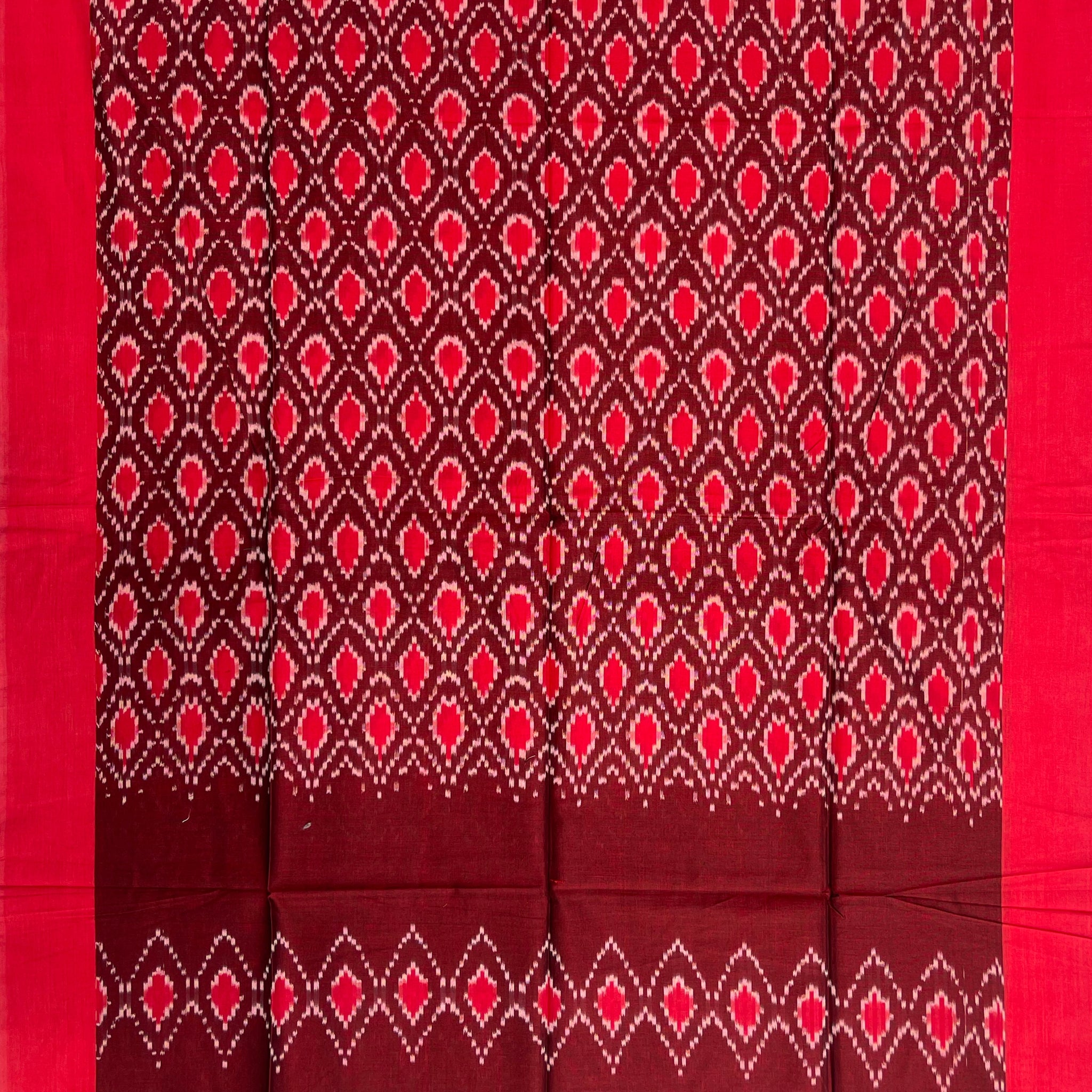 Pochampally Ikkat Cotton Duppata In Red & Brown