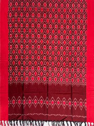 Pochampally Ikkat Cotton Duppata In Red & Brown