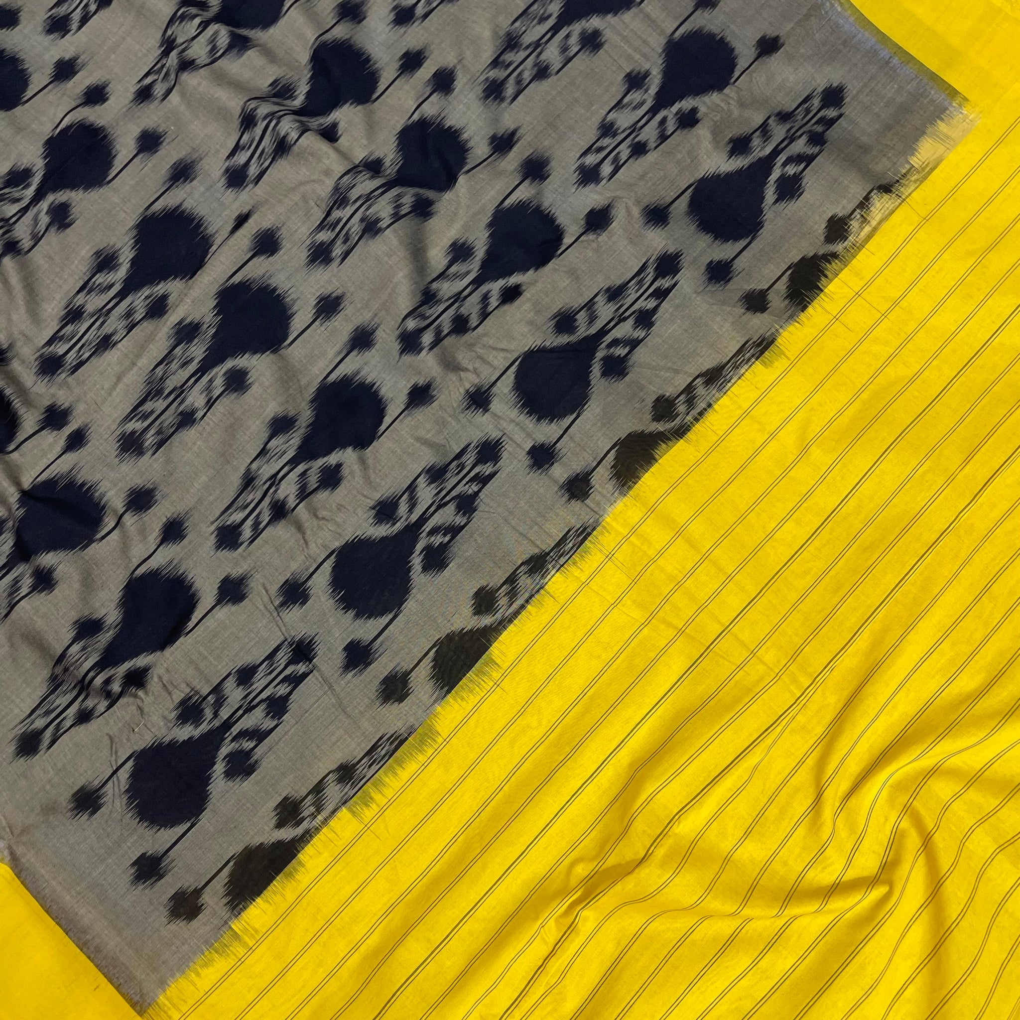 Grey & lemon Yellow Ikkat Cotton Sari