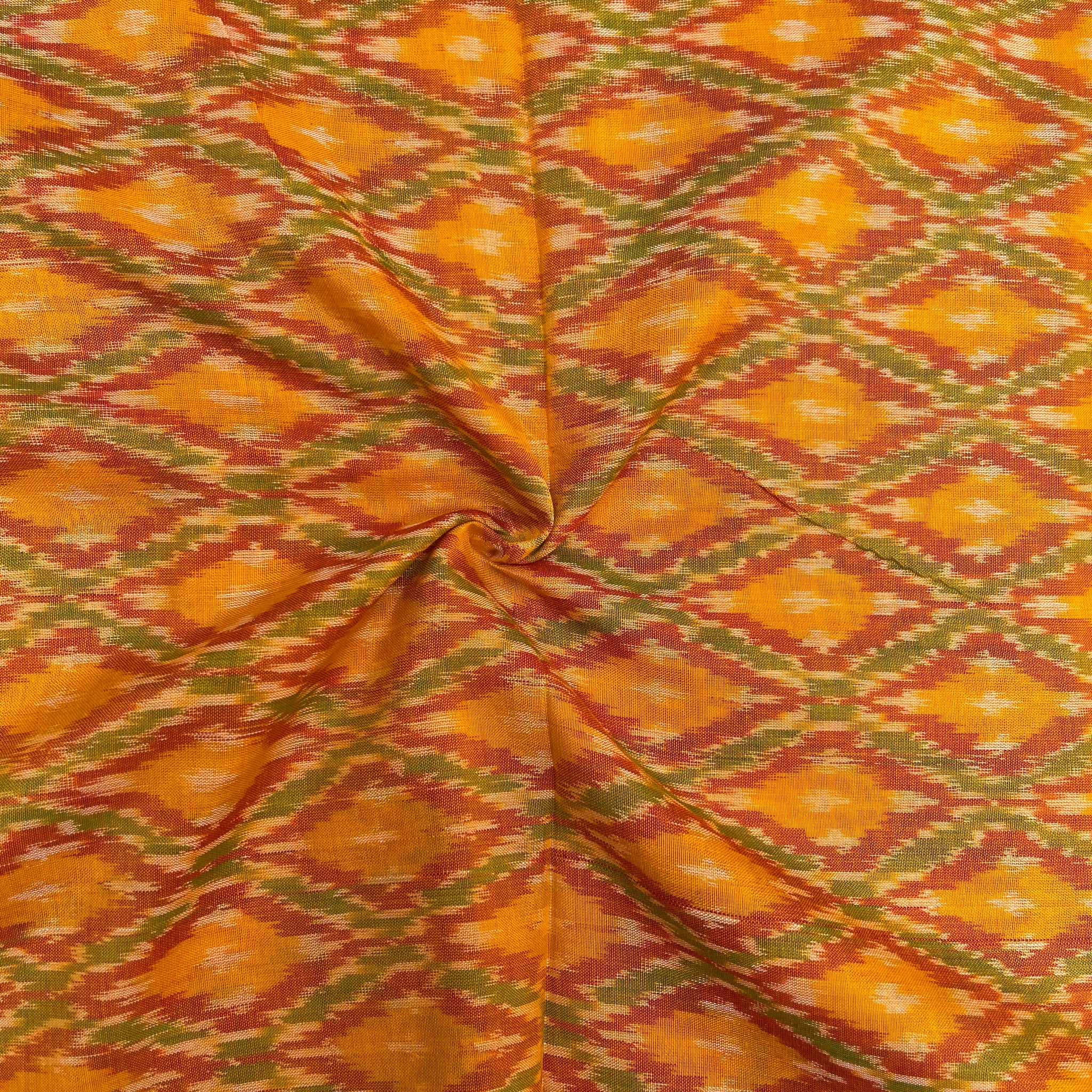 Mustard Yellow Color Raw Silk Ikkat cotton Fabric