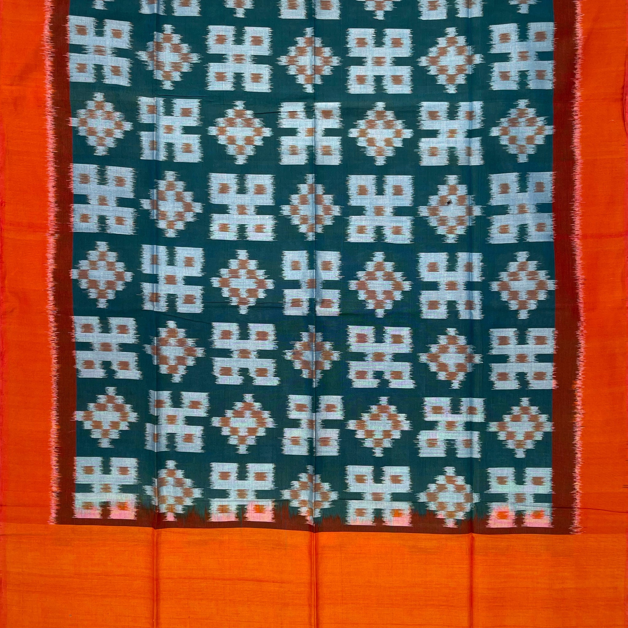 Pochampally Ikkat Cotton Duppata In Green & Orange Colour