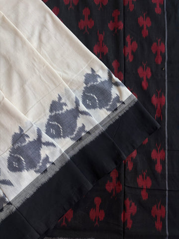 Ivory Fish Motif Double Ikkat Handloom Cotton Saree