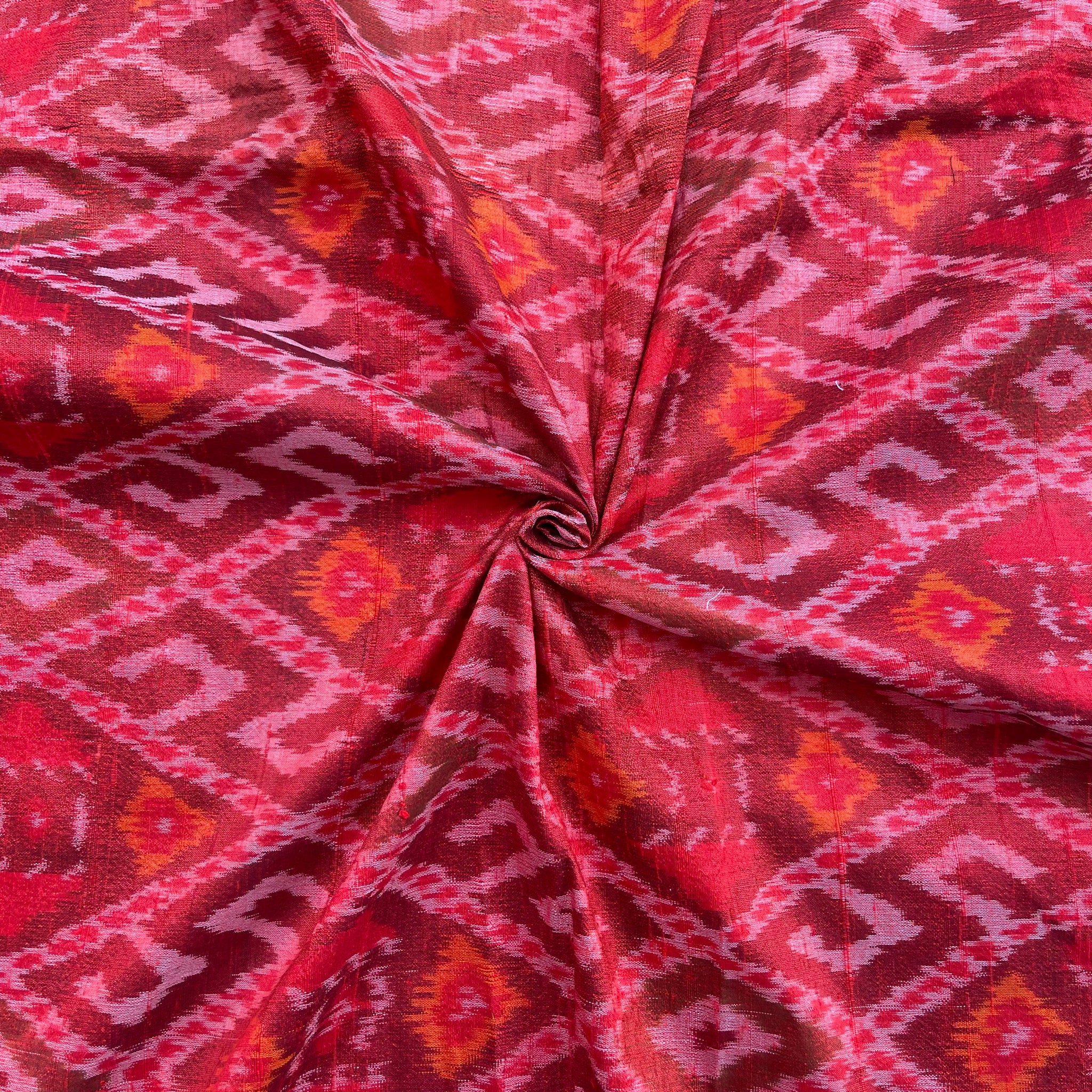 Red Uzbek ikkat Raw silk fabric