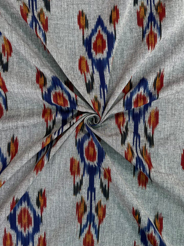 Pure Cottons Grey Base small Uzbek Small Mofits Ikkat Handloom Cotton Fabric