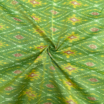 Parrot Green Color Raw Silk Ikkat cotton Fabric