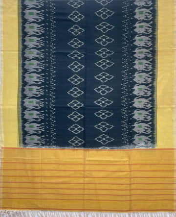 Pochampally Ikkat Cotton Duppata In Black & Yellow Colour
