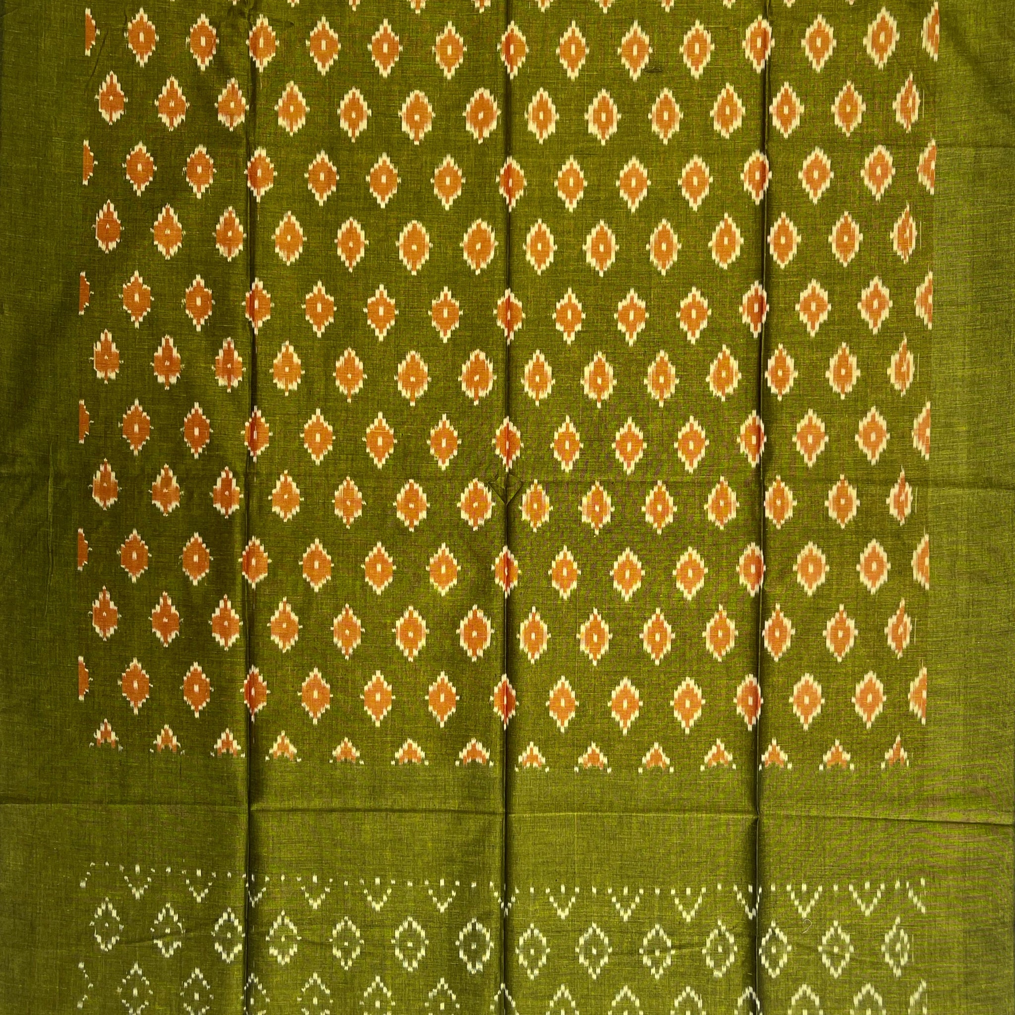 Pochampally Ikkat Cotton Duppata In Mahendi Green Colour
