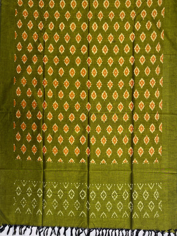 Pochampally Ikkat Cotton Duppata In Mahendi Green Colour