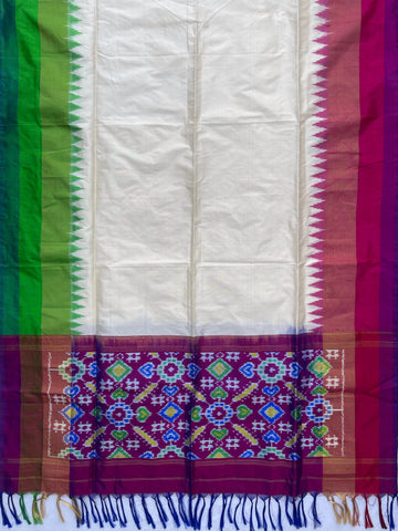 Off White & Parrot Green & Magenta Pink colour Pochampalli Ikkat Handloom silk duppata