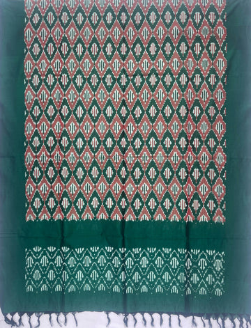 Pochampally Ikkat Cotton Duppata In Bottle Green Colour